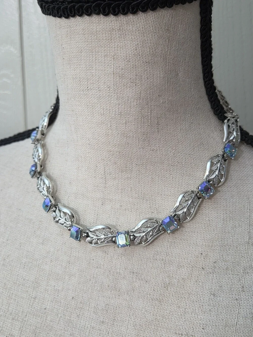 vintage 50s coro silver tone blue AB crystal stone leaf necklace earring set
